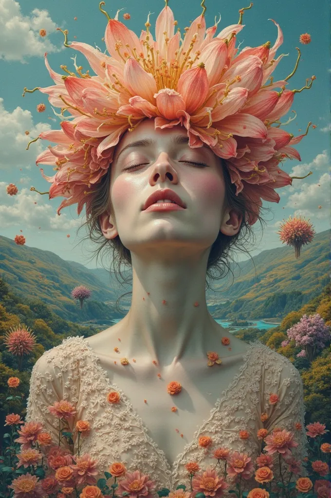 Woman with flower head in surrealist landscape