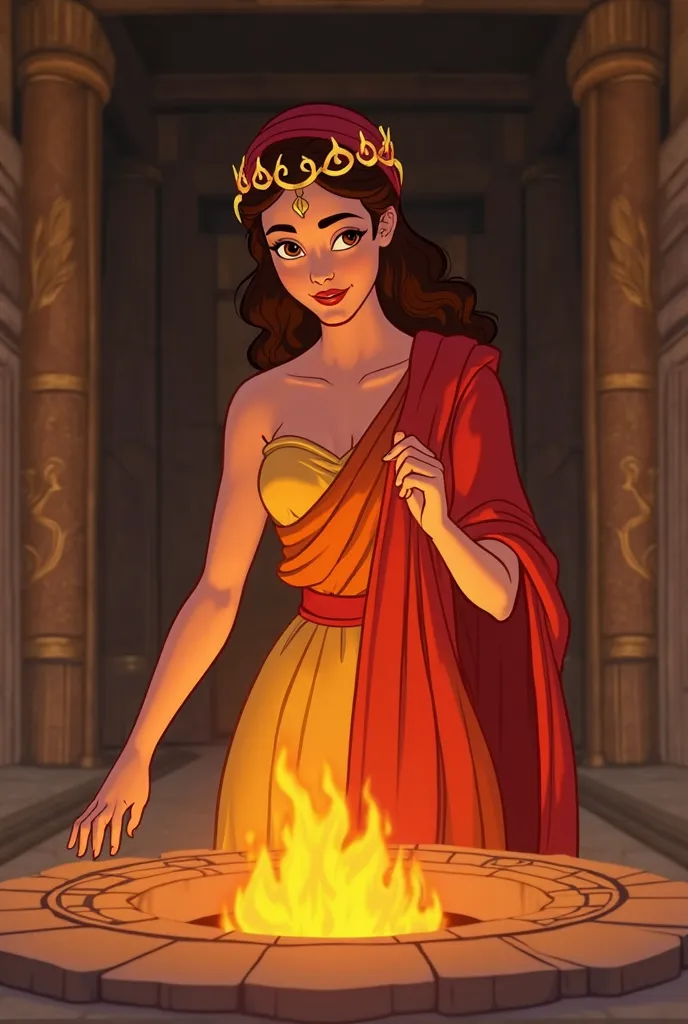 generate an image of Hestia the Goddess of the Hearth and Fireside (her clothing must be a Red, yellow, and orange. She must be wearing a tiara and her hair cover with a cloth). The background should be in a temple and make her looking in front and there's...