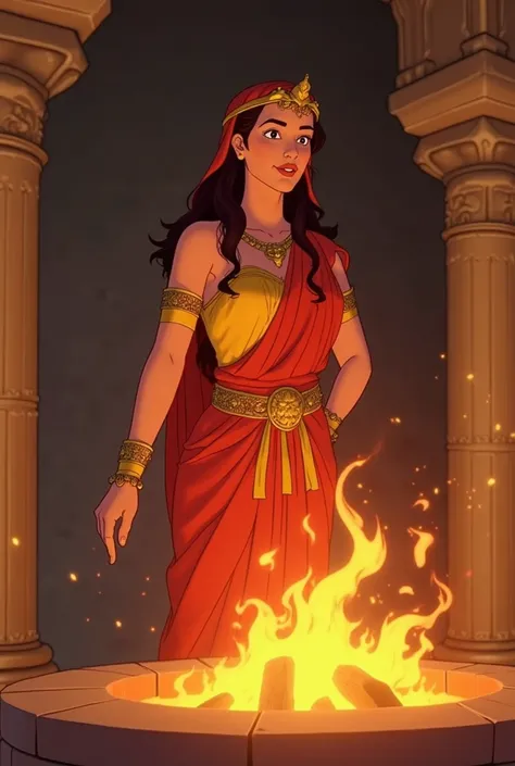 generate an image of Hestia the Goddess of the Hearth and Fireside (her clothing must be a Red, yellow, and orange. She must be wearing a tiara and her hair cover with a cloth). The background should be in a temple and make her looking in front and there's...