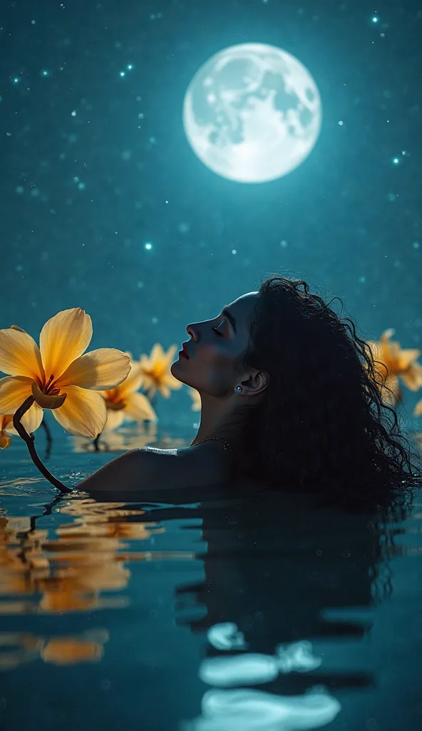 Full body remote view image of a pretty woman with long black curly hair floating lying on her back looking at the sky in the water, on a full moon night shades of blue,  surrounded by luminous, reflective yellow orchids, forming a magical halo around it, ...