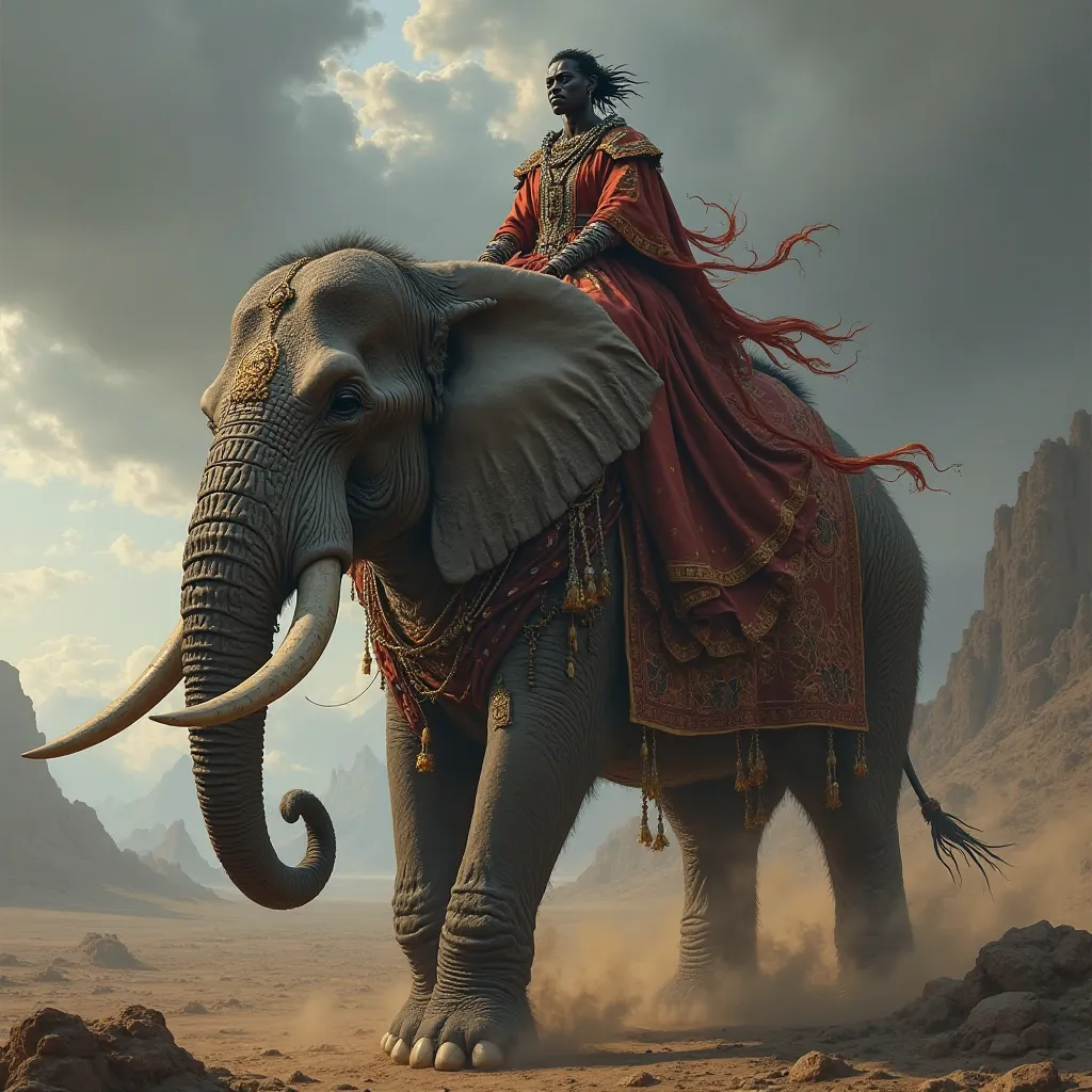 An evil black Abyssinian leader in a dress drives over an elephant 