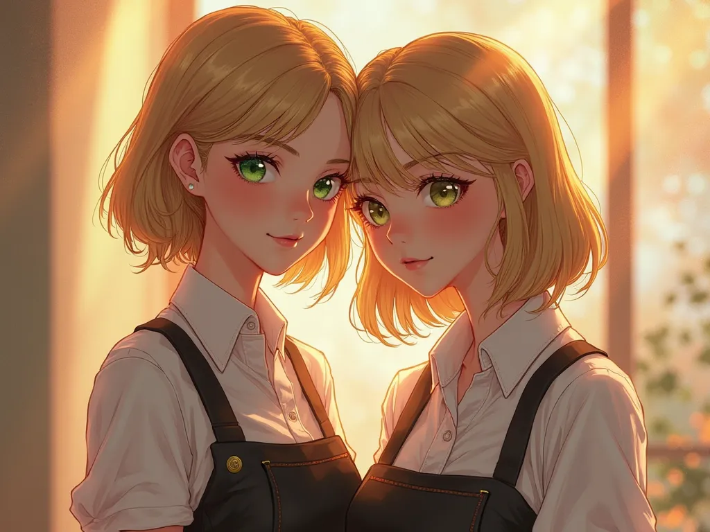 A heartwarming digital illustration of  a young woman has shoulder-length blonde hair, vibrant moss-green eyes, and a delicate, feminine appearance. She is dressed as a waitress, wearing a well-fitted, elegant uniform with subtle details that enhance her c...