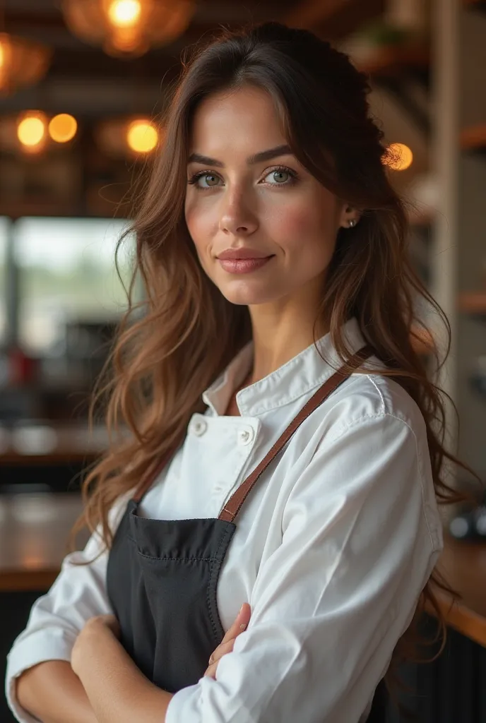 a beautiful woman,restaurant owner, Realistic portrait,beautiful face,expressive eyes,Shiny hair,sonrisa cálida,confident stance,chef uniform,traditional cuisine, Elegant decoration ,warm lighting,hdr, ultra detailed ,4k,oil painting,vibrant colors,rich co...