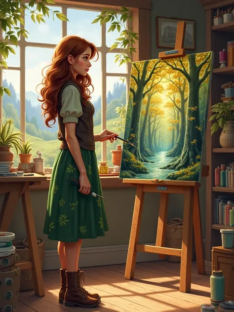 A cozy artist’s studio in a small town, bathed in warm sunlight streaming through a large window, framed by rolling hills and whispering forests in the distance. Emma, an 18-year-old girl with long, wavy chestnut-brown hair, emerald-green eyes, and fair sk...