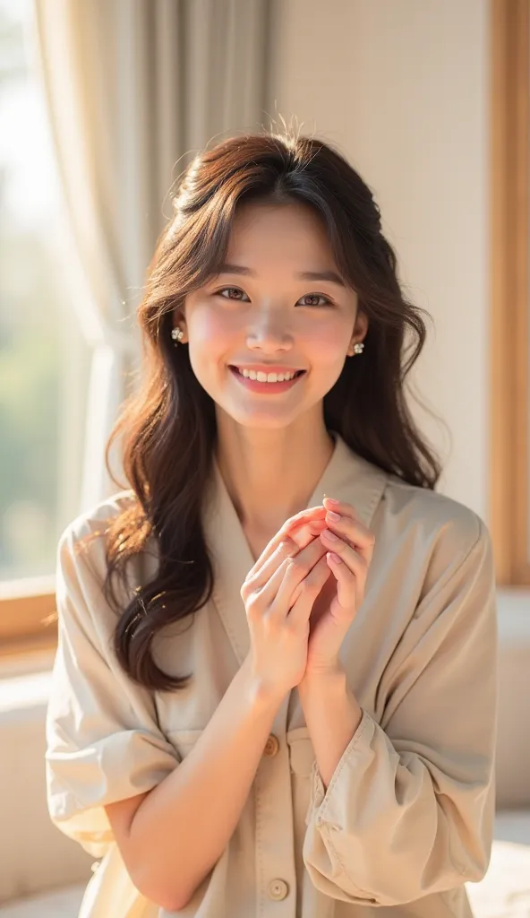 A Korean girl appears in a bright place with a clean and elegant background, smiling and pointing to the camera)