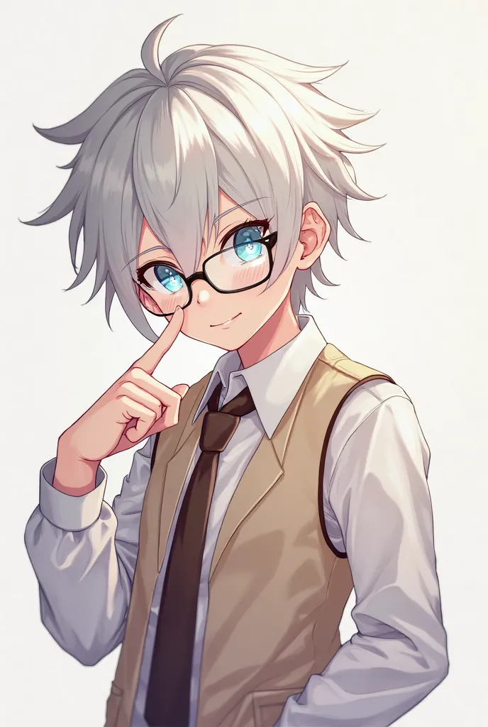  anime-type boy , tall 
 pale brown, light blue eyes,messy white hair white eyelashes,wearing a long sleeve shirt and dark brown tie and a vest over the fabric type, light brown color with white lenses with an expression winking at the screen and pointing ...