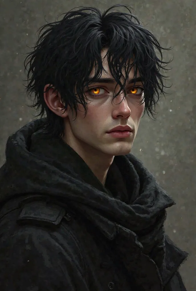 Create me a 3D image, fantasy book style by Dark Puro, A sadistic: A grown man, messy hair,  hair color black ,  medium hair, his eyes are half yellow drawn to orange, He is Russian, he has a neutral face, with a sadistic smile on his face,make him with bl...