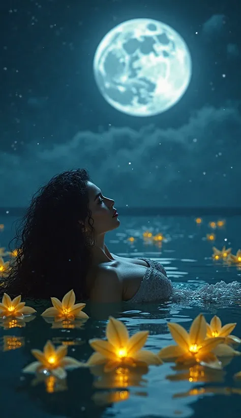 Full body remote view image of a pretty woman with long black curly hair floating lying on her back looking at the sky in the water, on a full moon night shades of blue,  surrounded by luminous, reflective yellow orchids, forming a magical halo around it, ...