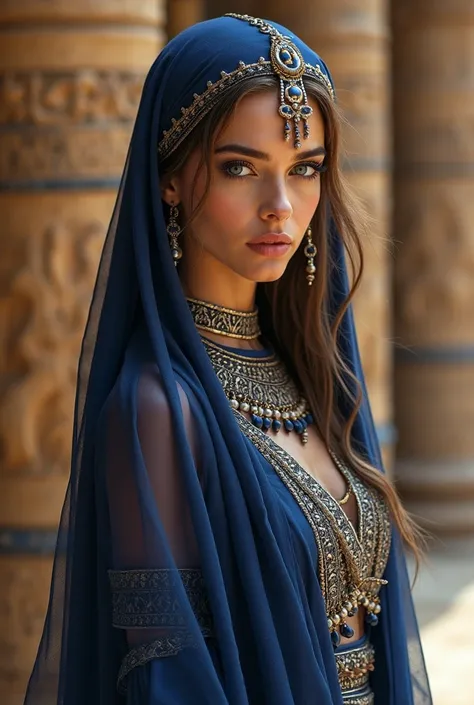 what outfit can a dancer wear at the court of the pharaoh, is supposed to be navy blue and the same color semi-transparent veil. depict her. is about 5'9 tall, broach hair falling into dark blond, blue gray eyes slightly darkened, and quite fair complexion...