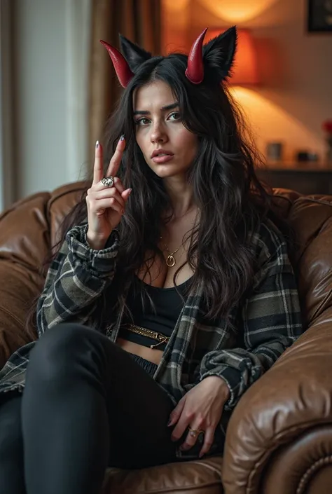 there is a woman-wolf sitting on a couch making a peace sign, devil horns, heavy metal!, giving the middle finger, with horns, very very low quality picture, middle finger, rocking out, with index finger, devil's horns, t pose, profile picture 1024px, very...