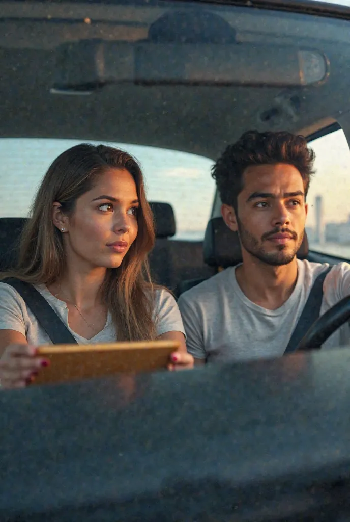 A woman is driving and in the car is next to her a man with a board writing, in the 21st century