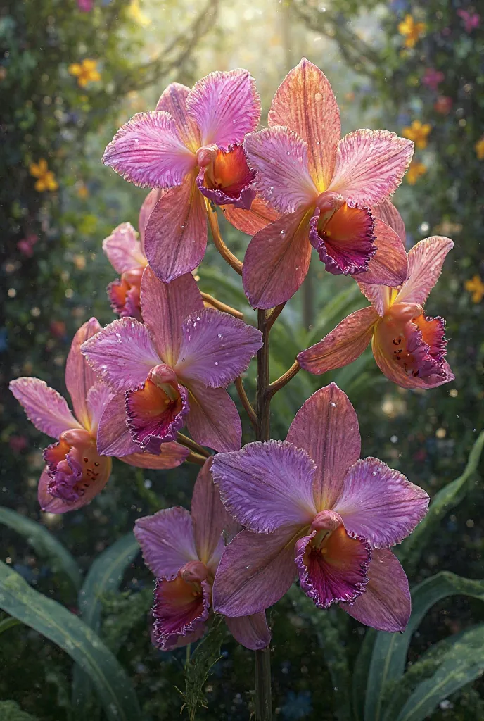 Several orchids with unusual shapes and colors, in a lush and colorful garden.