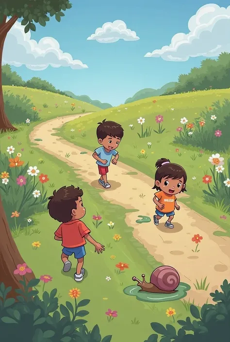 ### Scene 4: Fun obstacles

- Prompt: [Tino finds a puddle and slips, Tina is distracted by flowers, and Toto helps a snail] Shows Tino slipping, Tina smelling flowers and Toto helping the snail. The narrator says: "but, ¡Oh no! Tino slipped in a puddle a...