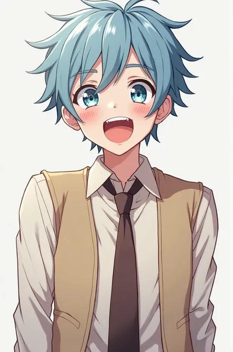 Anime type boy pale skin light blue eyes messy white hair wearing a long-sleeved shirt dark brown tie over a light brown vest happy laughing 