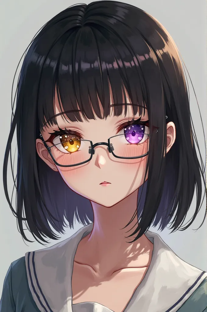 anime girl, shoulder length black hair, shiny gold right eye, shiny violet left eye, rectangular glasses, full body, serious but innocent look