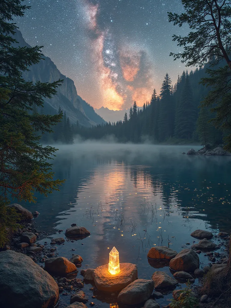 A lake in the middle of the forest reflects not the sky, but a hidden galaxy. The stars seem to float on its surface, and small waves of golden light emerge every time something touches the water. Around you, quartz embedded in the rocks emit a subtle glow...