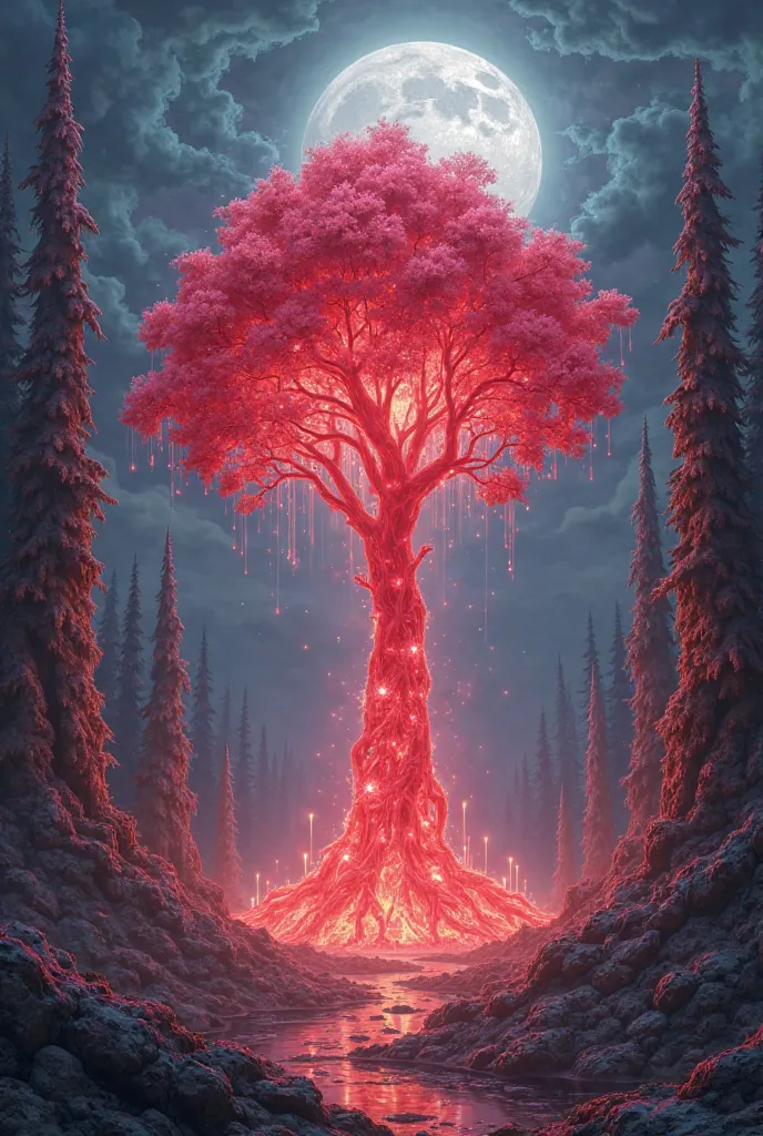  fantasy , Towering tree, bright light tree, glowing red tree, trees, moon, beautiful scene, full body crystal