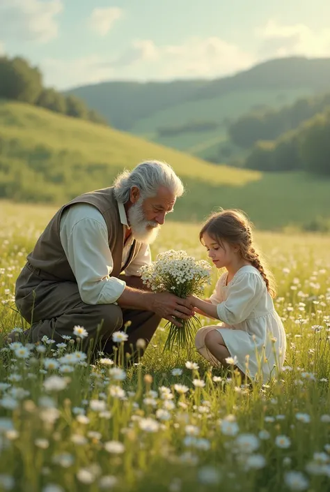  girl, crouching,  wearing a white dress, Cutting white flowers in the meadow, Accompanied by an elderly peasant