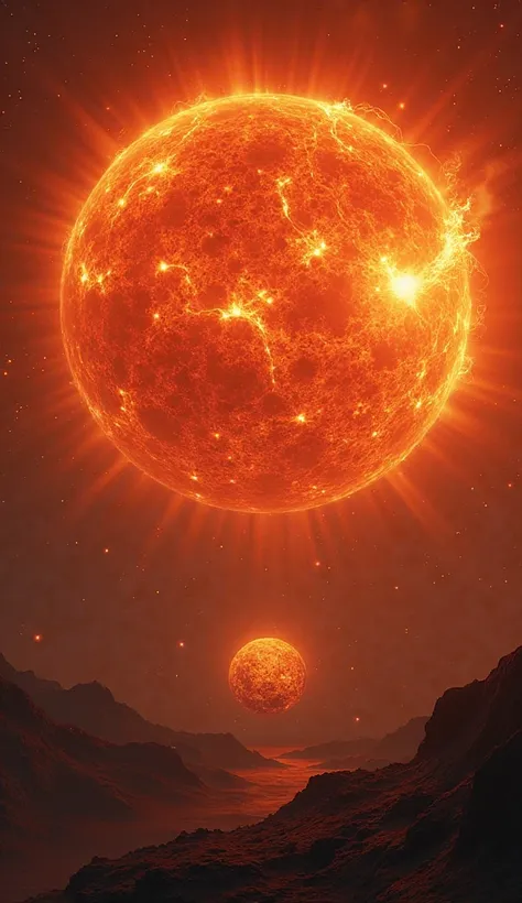 A futuristic depiction of the Sun as a massive red giant, expanding outward with Mercury and Venus already consumed, and Earth glowing under its immense heat.