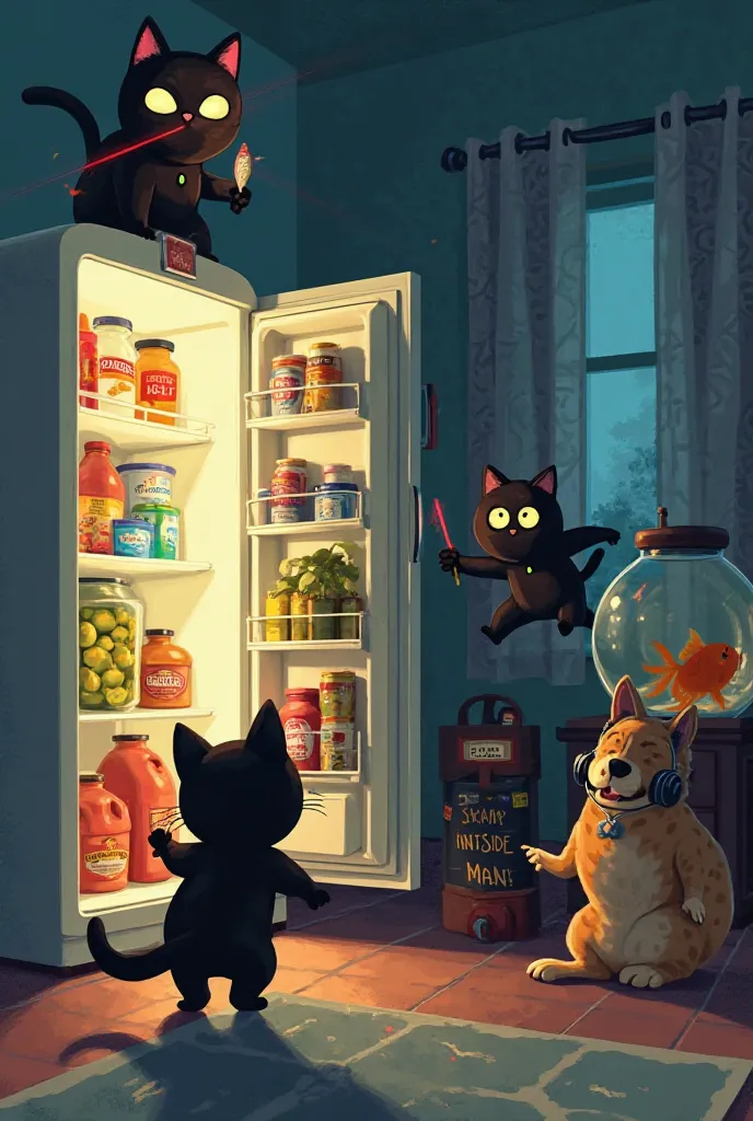 Title**: *"When the Cat Organized a Midnight Snack Heist"*  
**Prompt**:  
*"A dramatic scene of cats in tiny black ninja outfits raiding a fridge. One cat balances on a pickle jar, holding a fish like a loot bag. Another cat trips a laser alarm (made of a...