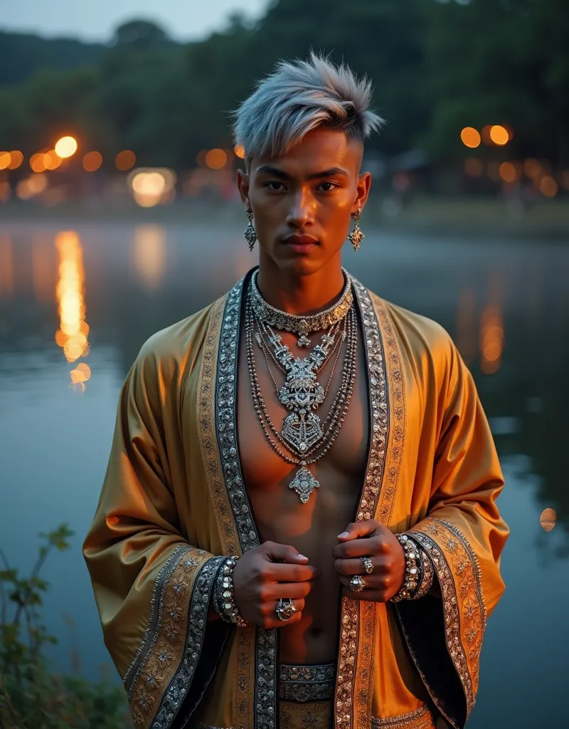 A high-fashion editorial shot featuring a strikingly handsome 20-year-old mixed-race male model of Lanna ethnicity. His athletic yet slender physique is accentuated by smooth, radiant skin and sharp facial features. He has silver-gray hair in an undercut s...