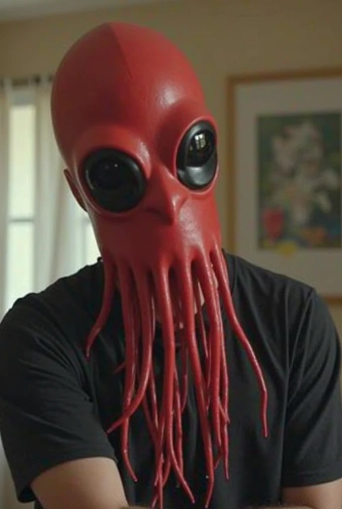 Create a 20 second clip of someone clearly wearing a Squid Game mask in a funny way.