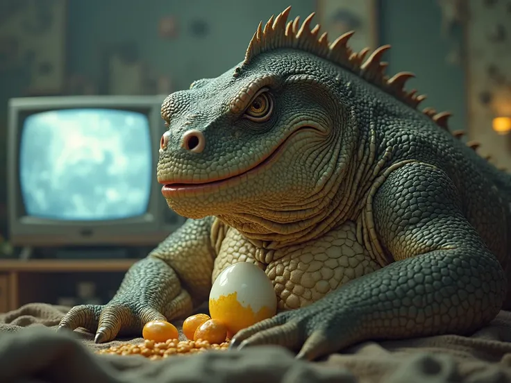 draw a big lizard with a disgruntled face, who eats eggs in front of the TV