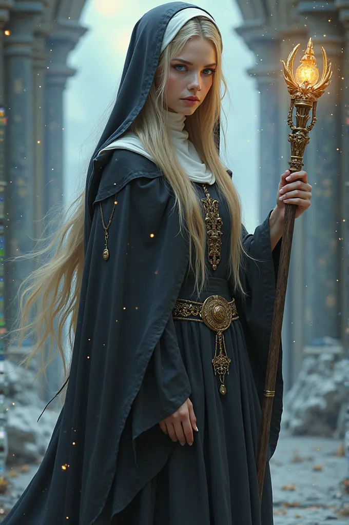 female elf character in nun outfit, fair skin and long golden hair, deep blue eyes, With a magic staff