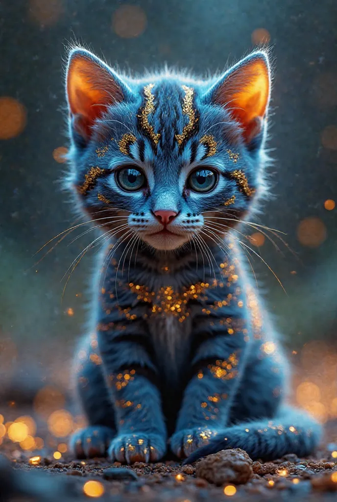 3D Images。god々Shii。A cute kitten with a dark blue and gold tiger pattern。 glitter。