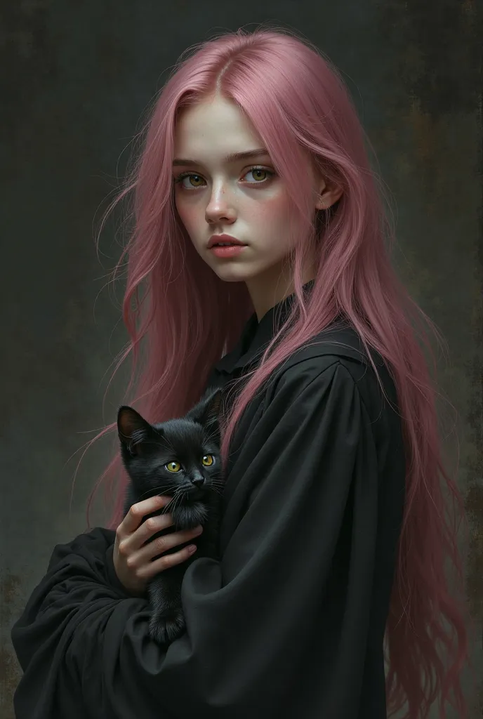 Create a girl with long dark pink hair, brown eyes, dark clothing, holding a black kitten with green eyes.