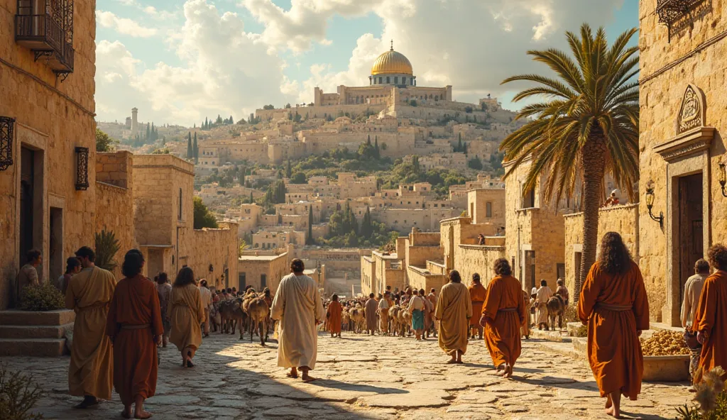 A panoramic view of Jerusalem, with stone streets , mud houses with terraces and palm trees moved by the wind. on the hill, the majestic Temple of Herod shines with its structure of marble and gold.  The city is full of life , with people dressed in ocher ...