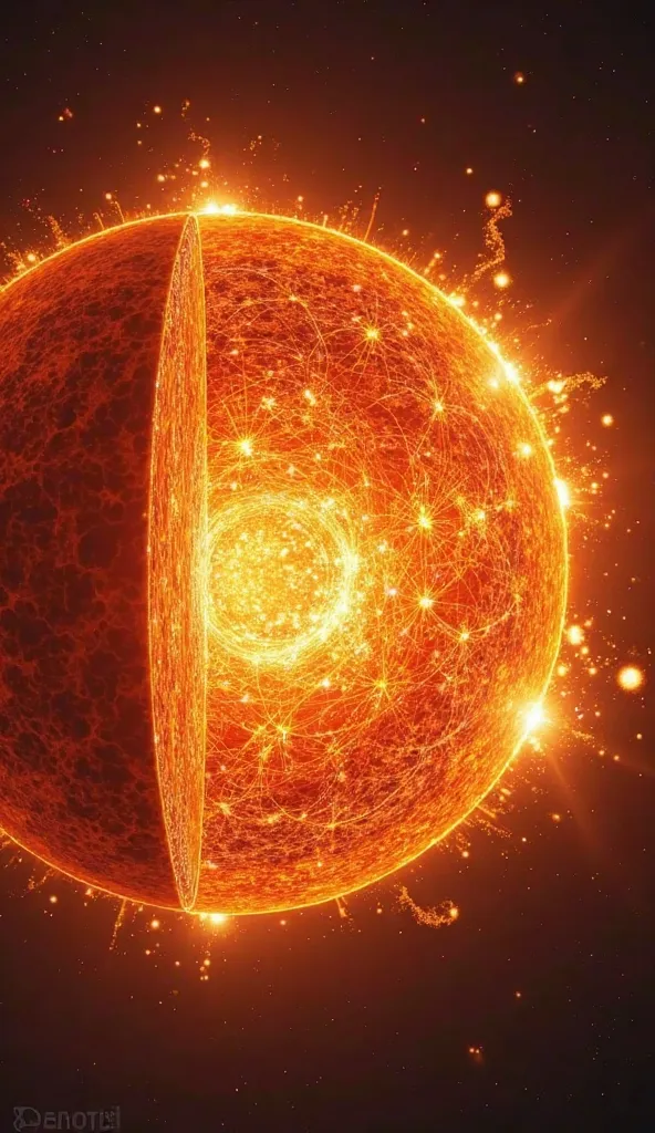 A scientifically accurate cutaway of the Sun, showcasing its inner core with swirling plasma at 15 million degrees, radiating intense energy outward.