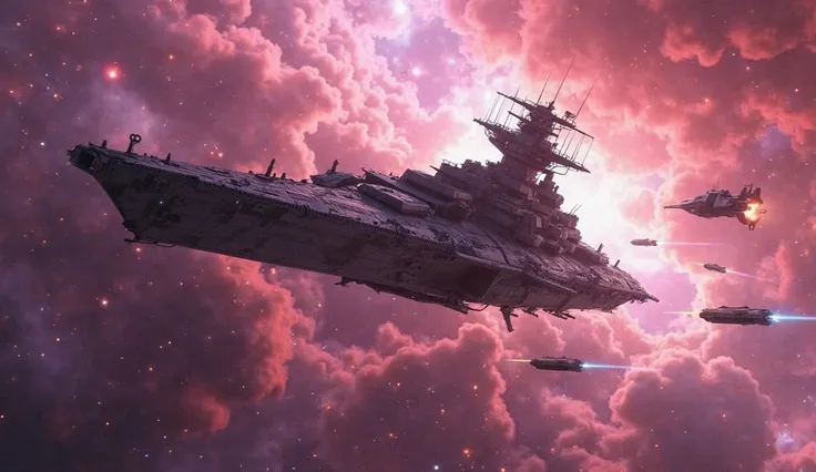 A massive space battleship dodging vibrant gas clouds in a nebula while firing laser cannons at incoming enemy ships. The nebula glows with pink and purple hues, providing a colorful backdrop to the intense battle.