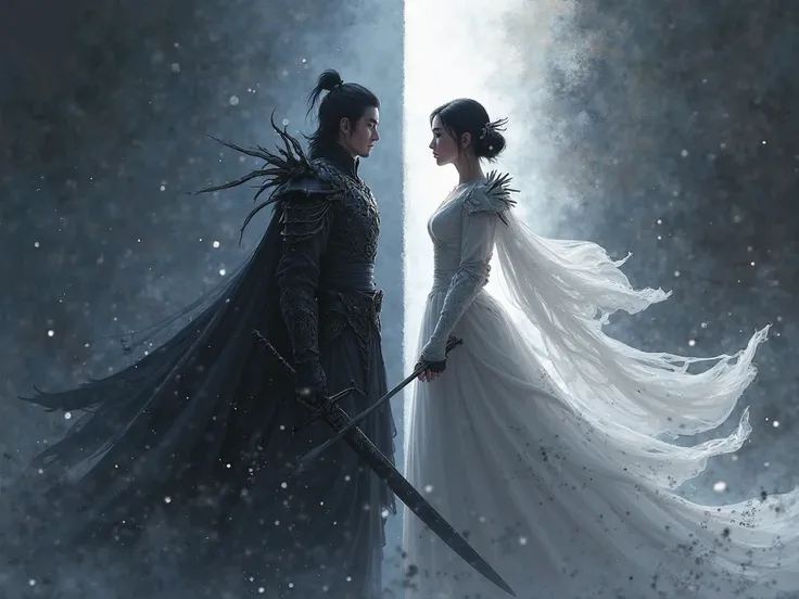  The left side  (seong jin woo): In his super-epic shadow armor with magic, with a sword, surrounded by shadow soldiers , hunting armor that smoothly flow to the right side. Looks cold and confident.  
- The right side (Cha Hae-in): She wears her elegant, ...