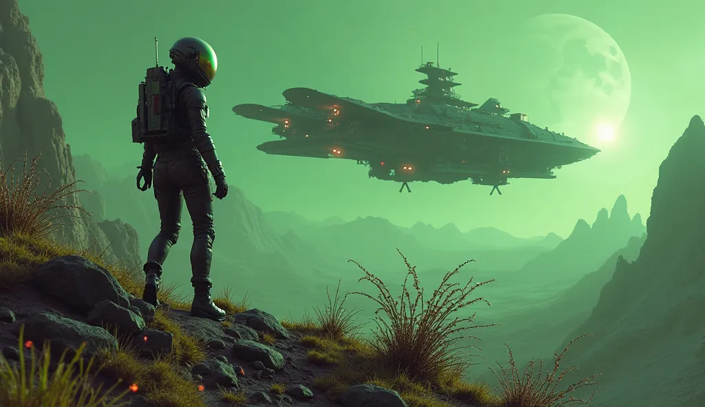 A space battleship landing on the surface of a distant, alien planet with a glowing green sky. A female soldier in a sleek, futuristic spacesuit steps out of the ship, her helmet reflecting the strange landscape around her. Alien flora and fauna surround t...