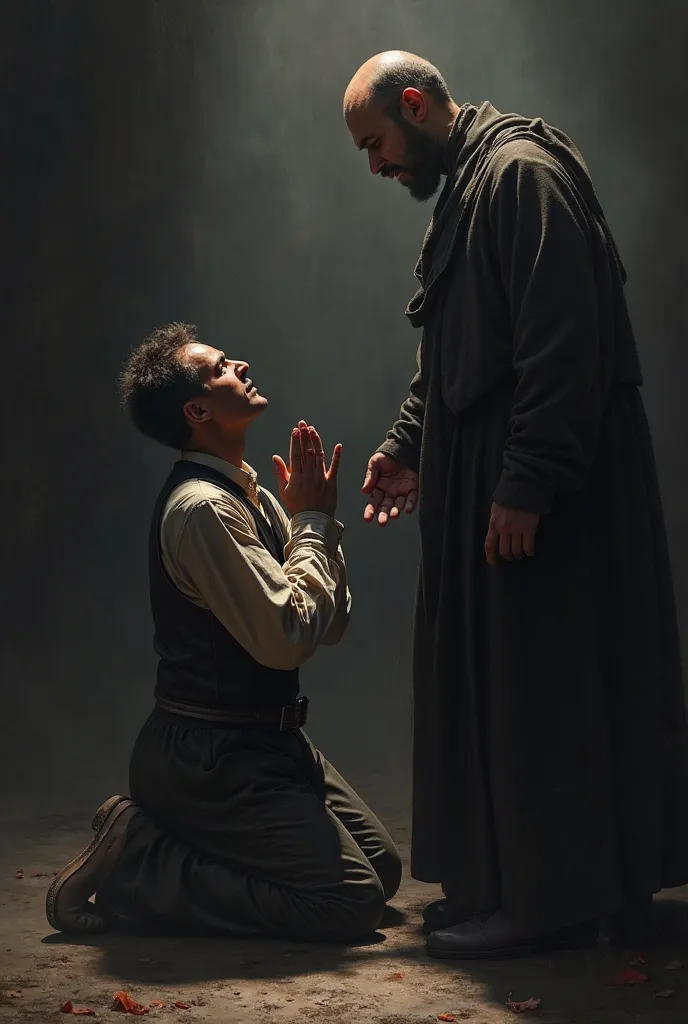 A man kneeling, begging the man in front of him