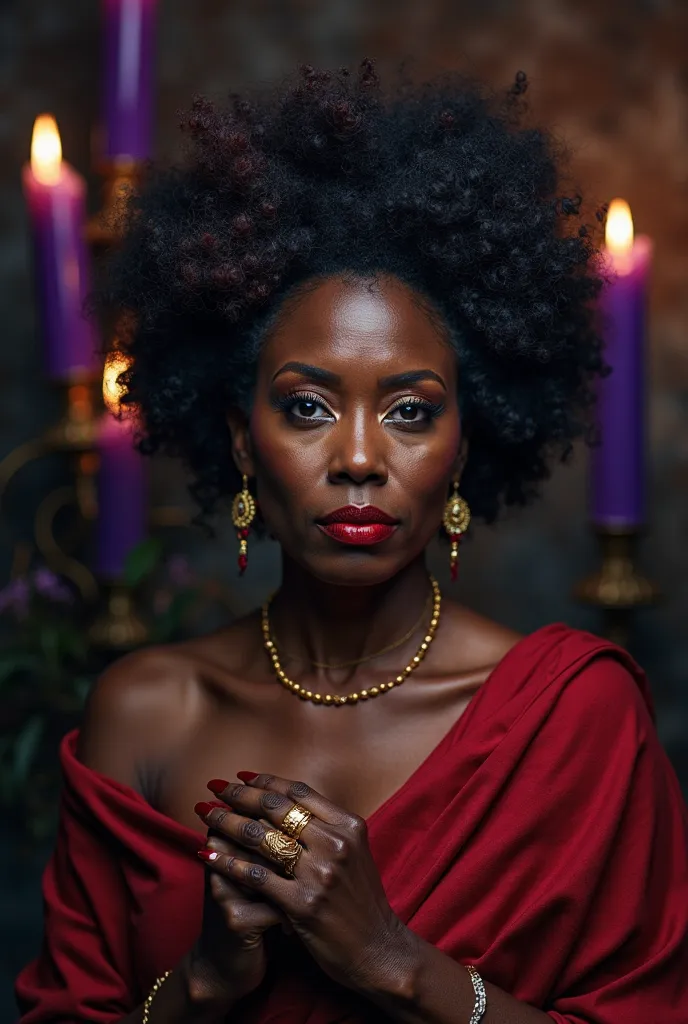 "Portrait of a strong black woman with dark skin and strong features, expressing an enigmatic and powerful look.she is on average 50 years old and age marks on her face She wears red lipstick,   Her hair is voluminous , adorned with a red handkerchief or d...