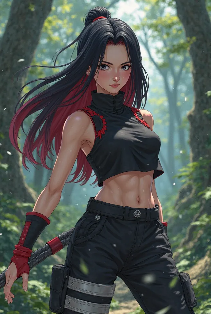 I want a ninja character from Konoha with long black and red hair with black eyes and a sleeveless black croopd with a high collar and red details and a black cargo pants style from the Naruto anime 