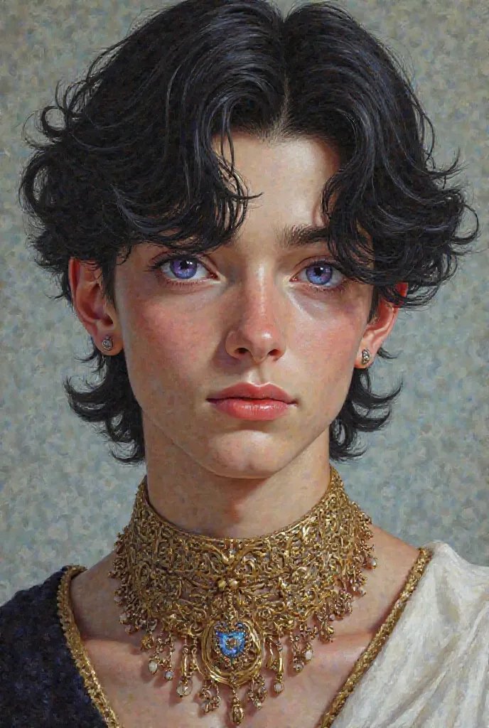 17-year-old young boy,  prince necklace, dark hair, , eyes with heterochromia, one violet eye and one blue eye, retrato 