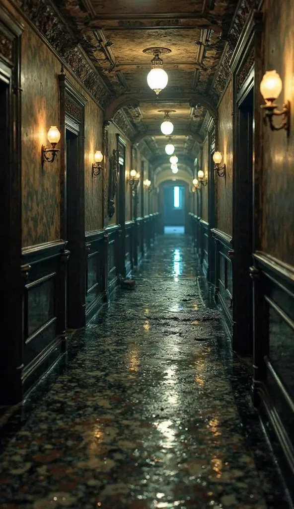 "Final scene inside the Titanic: a long and ornate corridor with marble floors, where dark water has already begun to dominate the environment. Dim lights create a melancholic atmosphere, while resigned faces and heavy silences tell the story of the disast...