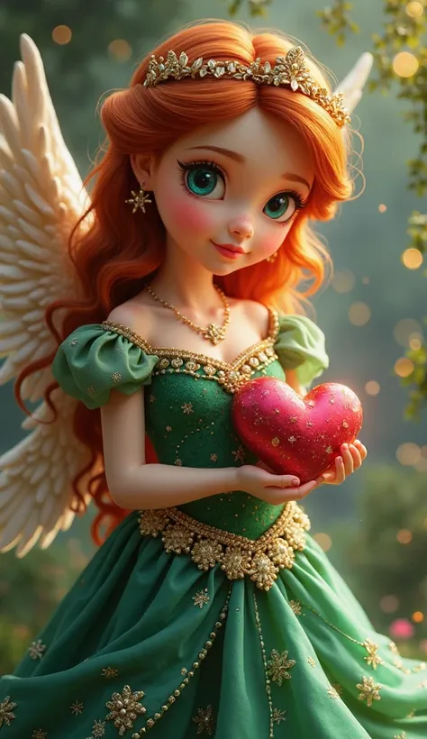 A little angel with blue eyes delivers a heart to a beautiful red-haired princess with green eyes wearing a beautiful green evening dress, richly adorned and with golden details. beautiful princess. fantasy world. intricate details. vivid colors. enchanted...