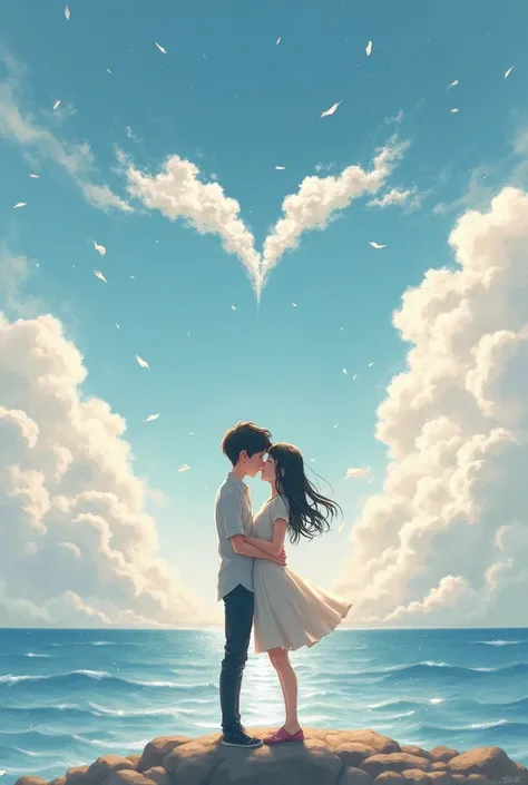 A boy and a girl doing lipkiss and coudle each other in front of sea and in the sky written by cloud that "Ramim+Wife"