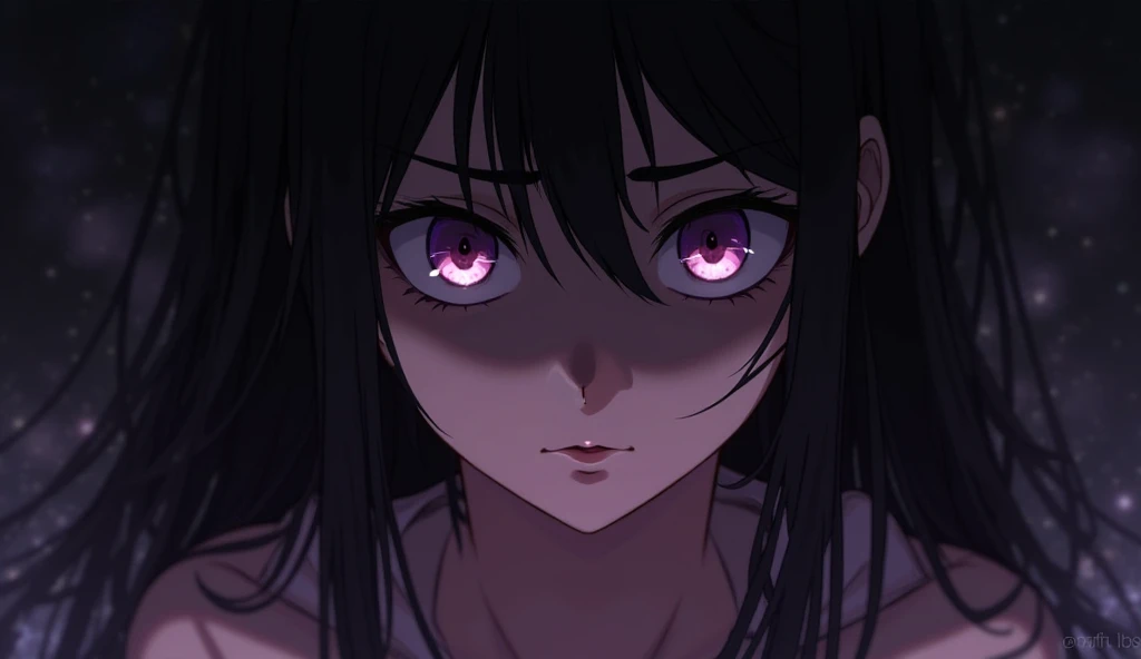 You can see a depth effect, with a fringe that frames her face. Her eyes are large and expressive, especially in the design of the eyes and face. There is a clear influence of the anime or manga.  Her expression is serious ,  almost stoic .  The lighting i...