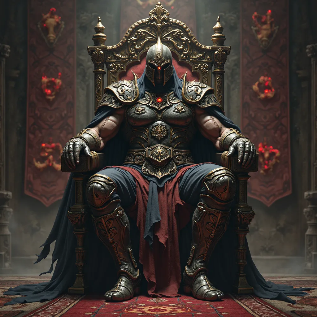 Muscled Arabian diablo warrior man sitting on a throne with a closed helmet 
