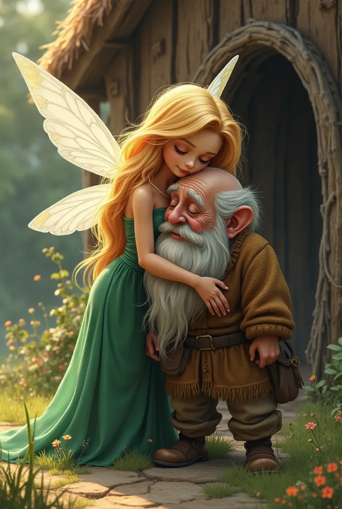 blonde fairy in green dress hugging an old dwarf shorter than her in front of the wooden house and crying 