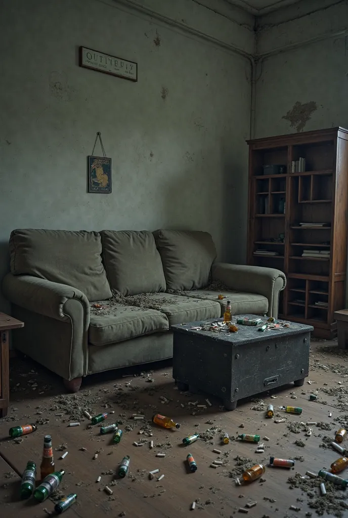 a messy living room with beer bottles and cigarettes butts on the ground. There is a worn down couch with a black rectangular coffee table in front of the couch and a broken bookshelf to the side.