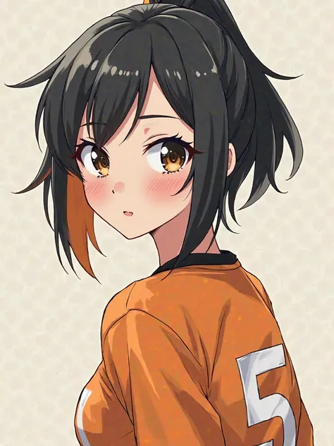 Create an image of a Libero character from the Johzenji volleyball team . She has black hair with orange highlights, she has brown eyes and is slightly dark. Her jersey number is 5.
Please make the image in adult anime style, specifically in the style of H...