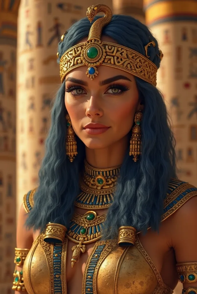 Create a realistic likeness of Cleopatra, inspired by the art and history of Ancient Egypt. Represent her attire with gold detailing, a royal headdress with the traditional nemes crown or tiara with a cobra, and opulent lapis lazuli and emerald jewelry. He...