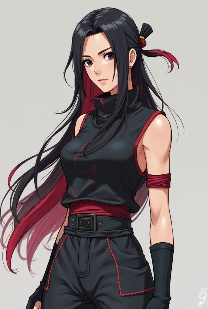 I want a ninja character from Konoha with long black and red hair with black eyes and a sleeveless black croopd with a high collar and red details and a black cargo pants in the style of the anime Naruto, a non-realistic cartoon. 