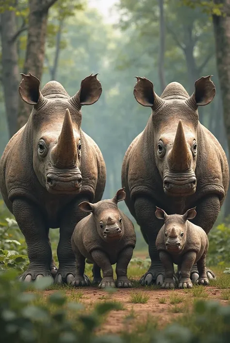 Rhinoceros couple with three cubs